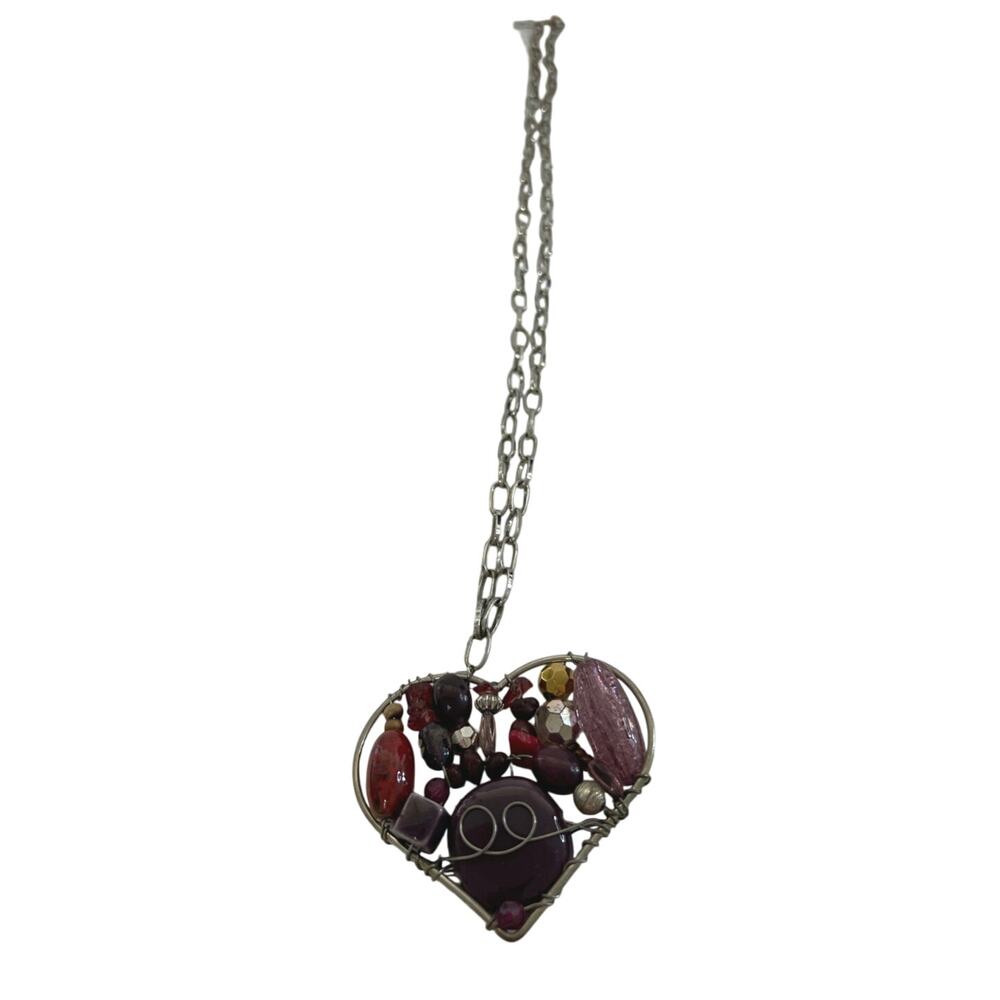 VTG Necklace Mosaic Beads & Stones In Large Heart-Shaped Pendant - Picture 3 of 6